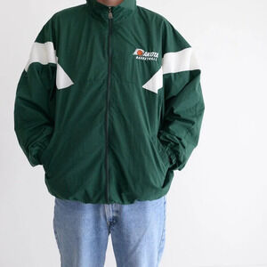 Vintage 90S Russell Athletic Green & White 100% Nylon Lined Zip Up Sports Jacket
